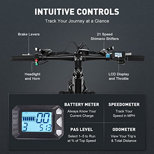 Viribus Electric Bike for Adults, 25mph 40+ Mile Range Fat Tire E Bike with Shimano 21 Speed