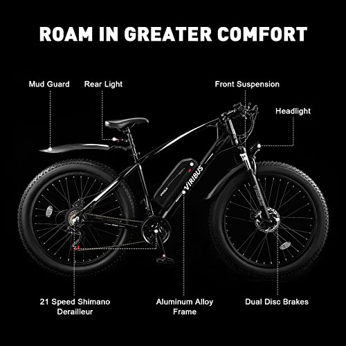 Viribus Electric Bike for Adults, 25mph 40+ Mile Range Fat Tire E Bike with Shimano 21 Speed