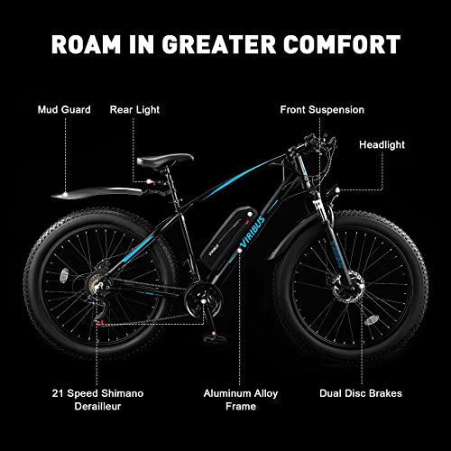 Viribus Electric Bike for Adults, 25mph 40+ Mile Range Fat Tire E Bike with Shimano 21 Speed