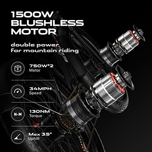 Electric Mountain Bike 26'' Dual Motor 1500W 48V 18A Ebike for Adult