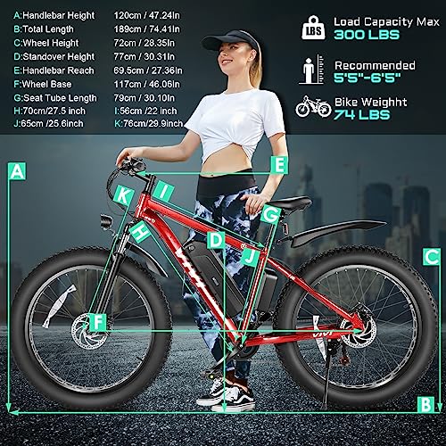 Vivi F26F Electric Bike, 500W 26" x 4.0 Fat Tire Electric Bike for Adults with 48V